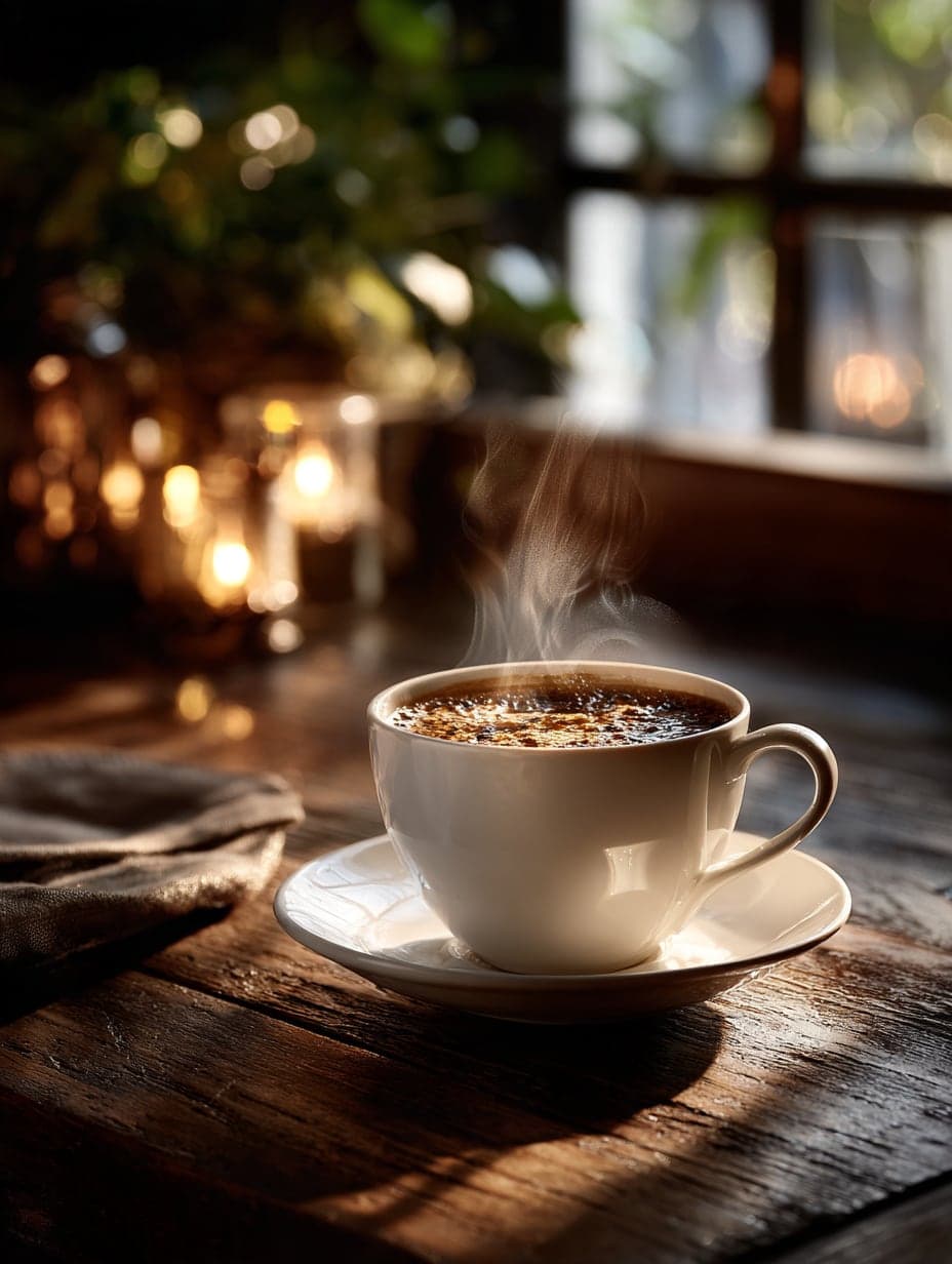 木のテーブルで湯気を立てる白いコーヒーカップ